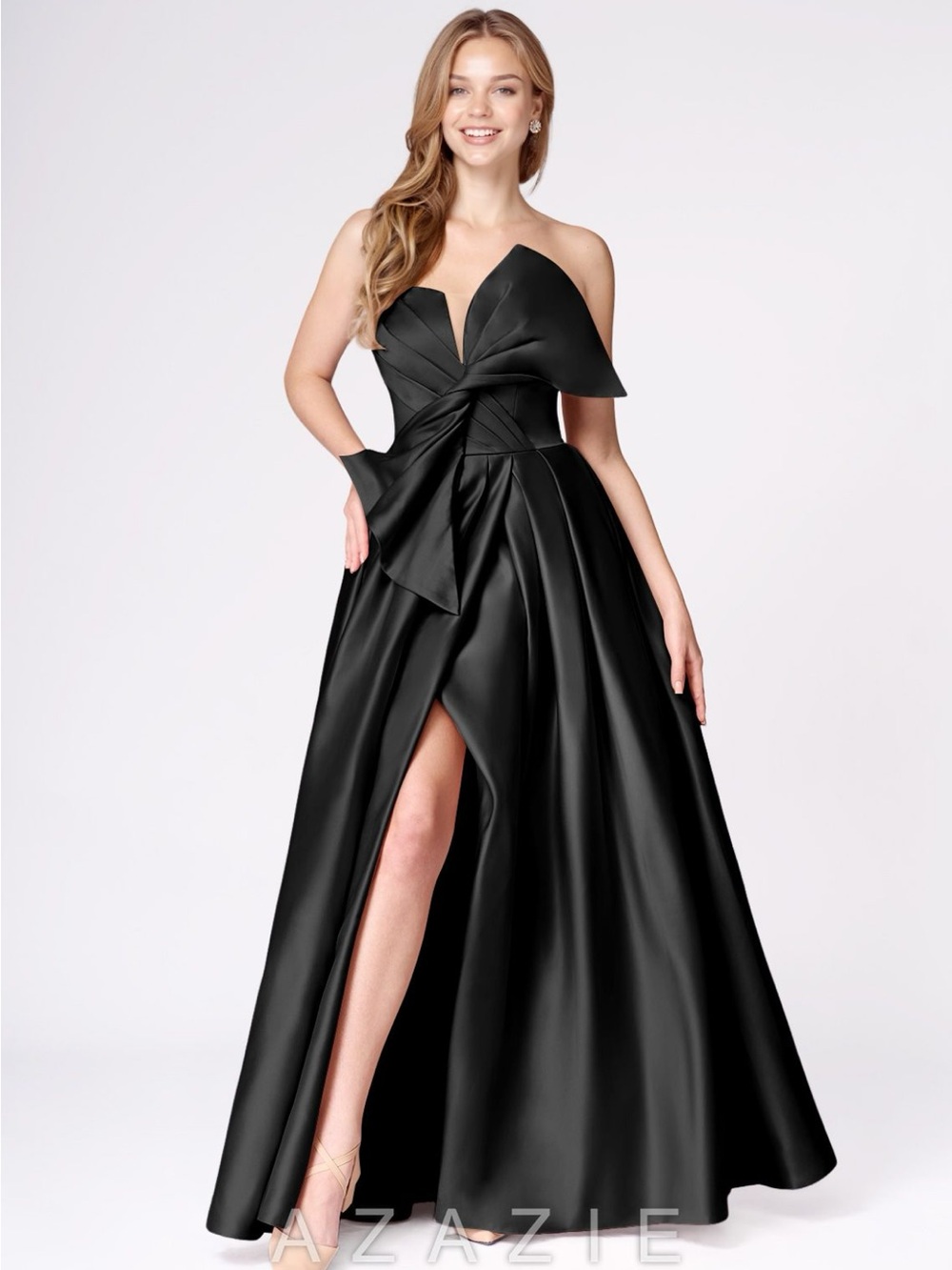 AZAZIE Atelier Miebow Black Satin Strapless Illusion V-Neck Evening Gown w/Slit